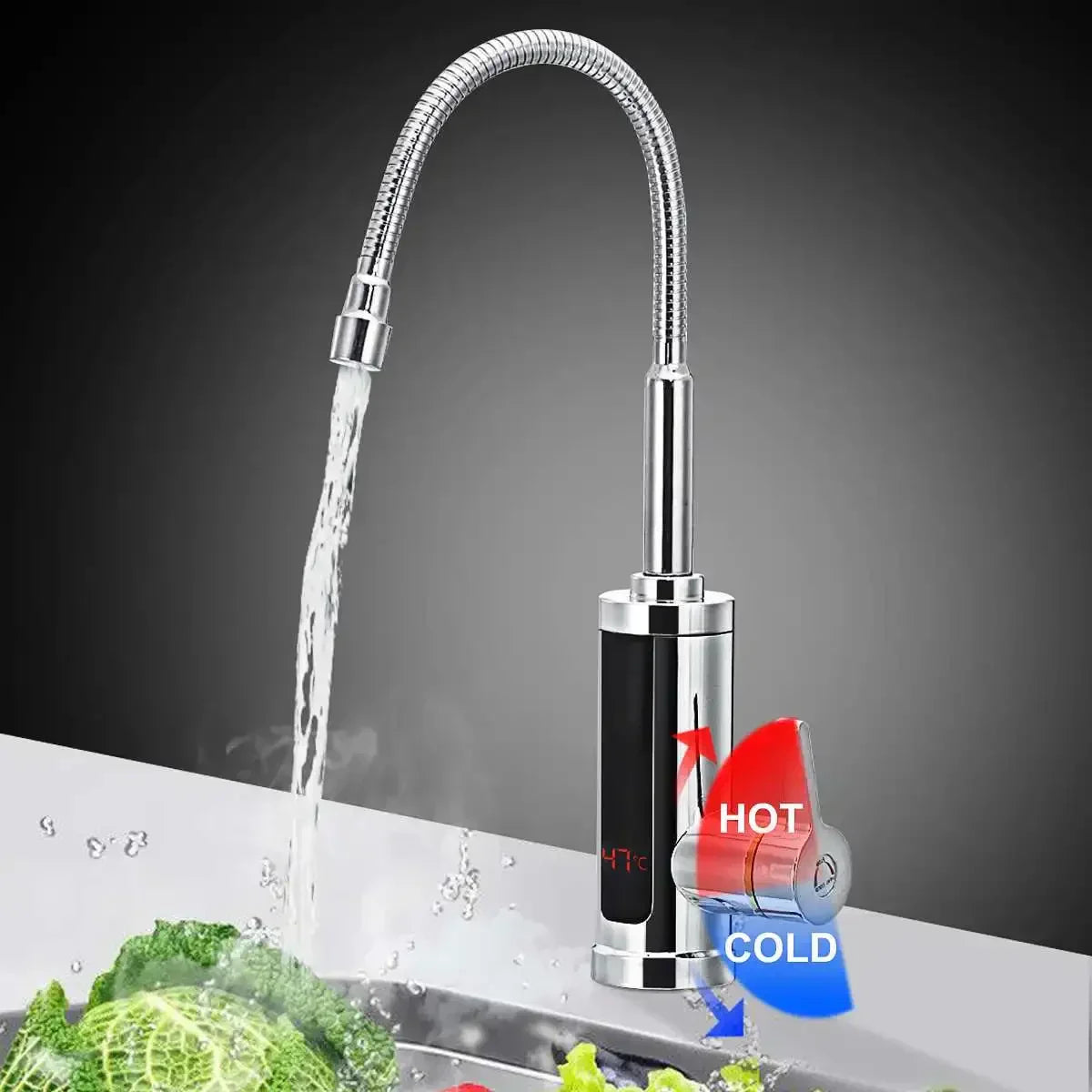 Chrome Fitlybuy FlowHeat tap with flexible neck, digital temp display, and red/blue hot and cold water indicator.