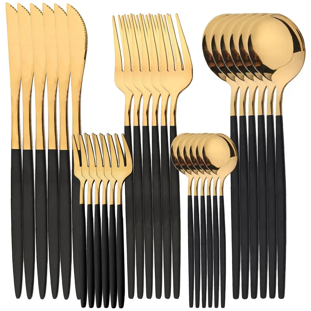 Fitlybuy luxury gold cutlery set with matte black handles, featuring knives, large and small forks, and spoons.