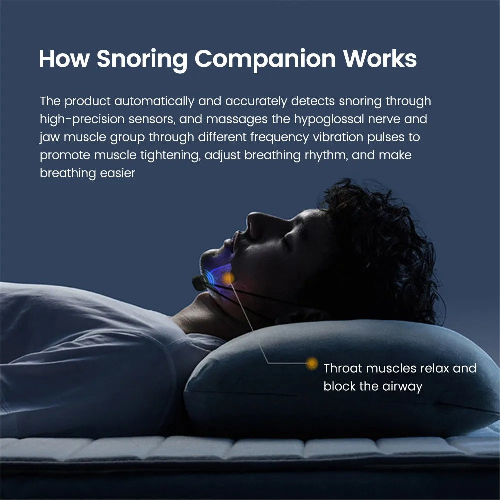 Fitlybuy anti-snoring device worn under the chin, vibrating to aid breathing while sleeping on a pillow.