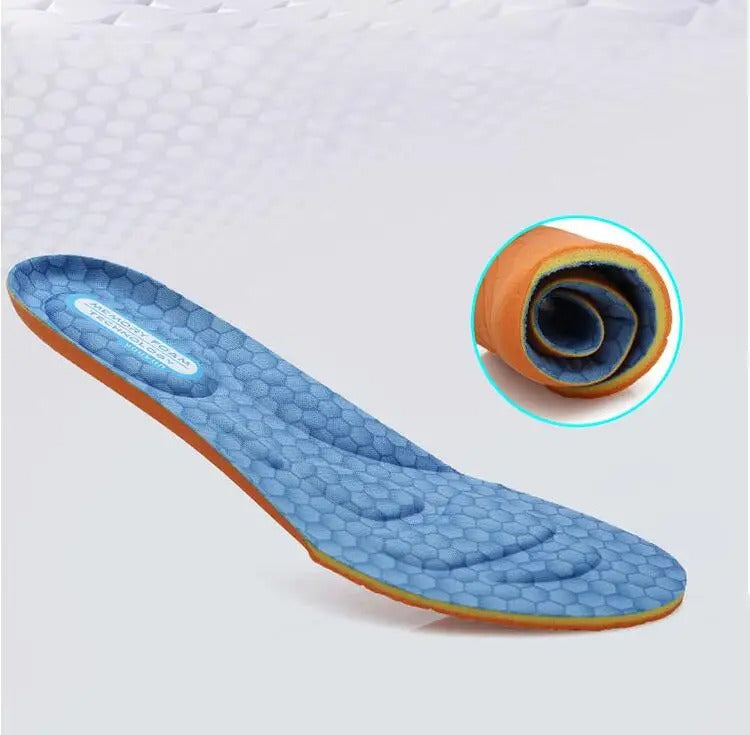 Fitlybuy ComfortStride blue memory foam orthopedic insole with honeycomb texture, shown flat and rolled for flexibility.
