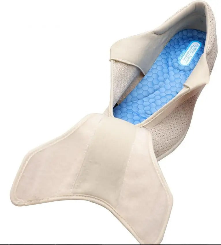 Beige Fitlybuy ComfortStride orthopedic shoe with open hook-and-loop strap and blue honeycomb memory foam insole.