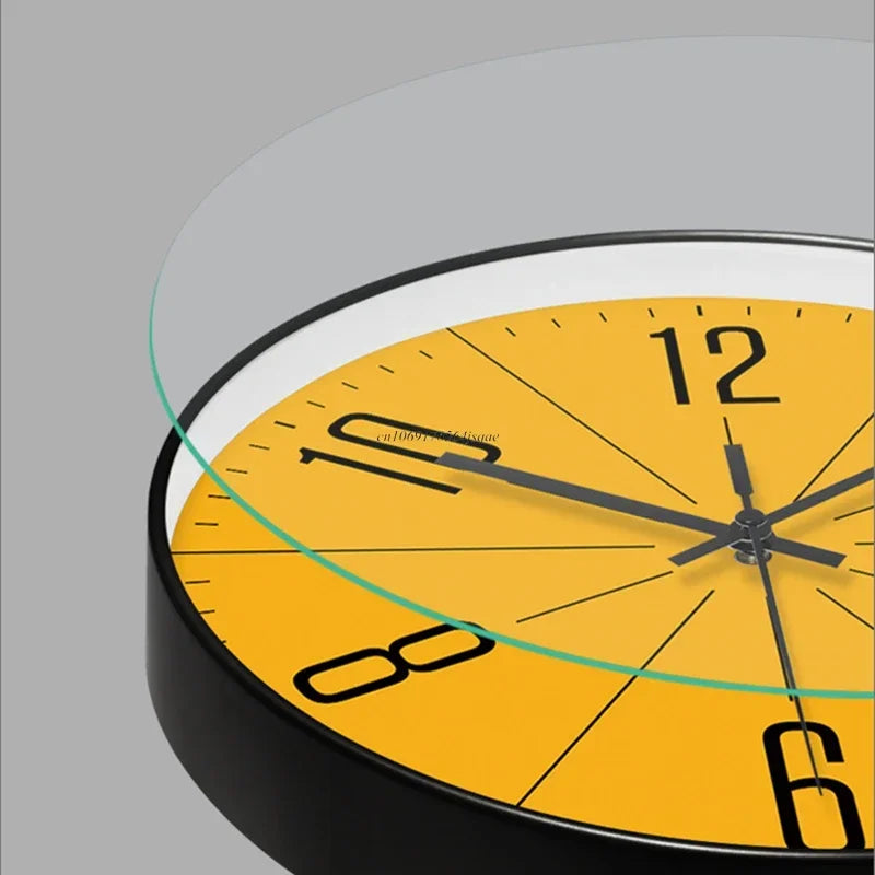 Fitlybuy TimeWisp wall clock: minimalist, retro design with a bright yellow face, black numerals, and glass cover.