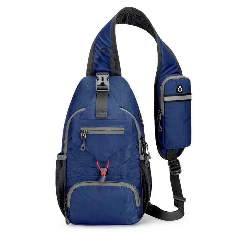 Blue Fitlybuy anti-theft shoulder backpack with multiple pockets, zip closures, and an attached phone strap pouch.