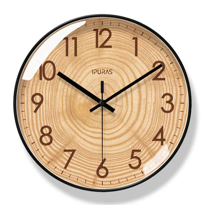 Fitlybuy TimeWisp wall clock with wood grain dial, black frame, and minimalist brown numerals on a white background.
