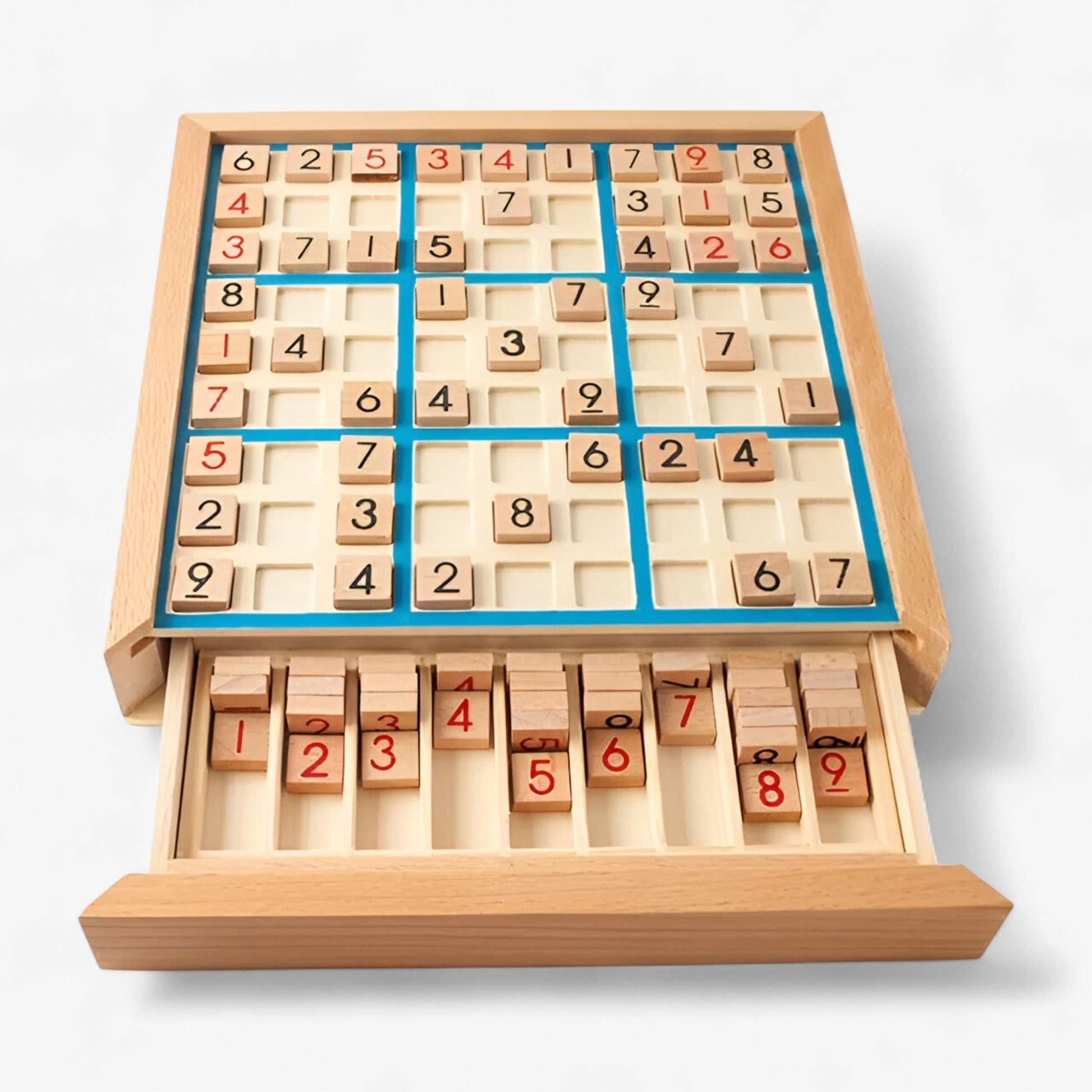 Fitlybuy wooden Sudoku board with a blue grid, number tiles, and an open storage drawer for extra pieces on white.