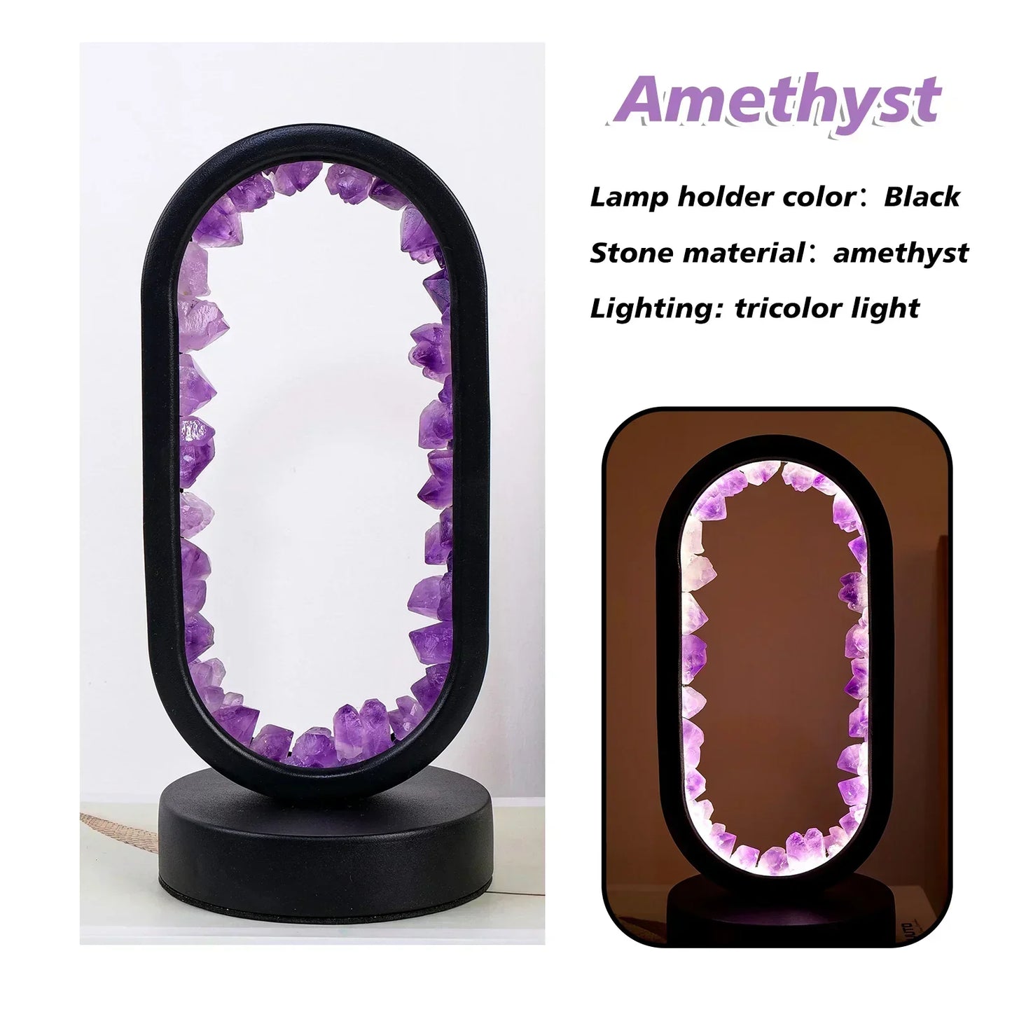 Fitlybuy AuraStone oval lamp with raw purple amethyst crystals in a black frame, featuring tricolor LED illumination.