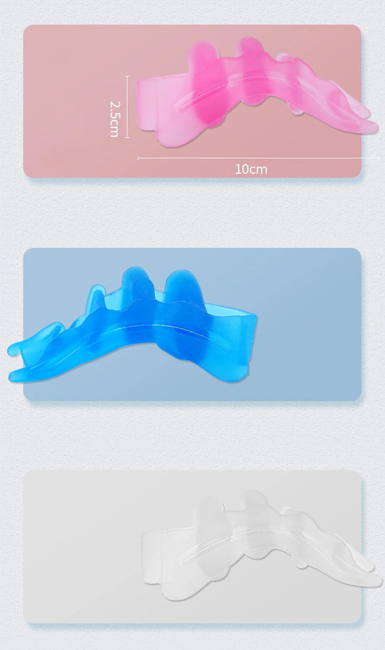 Fitlybuy silicone toe separators in pink, blue, and clear, featuring ComfortFlex design. Dimensions: 10cm x 2.5cm.