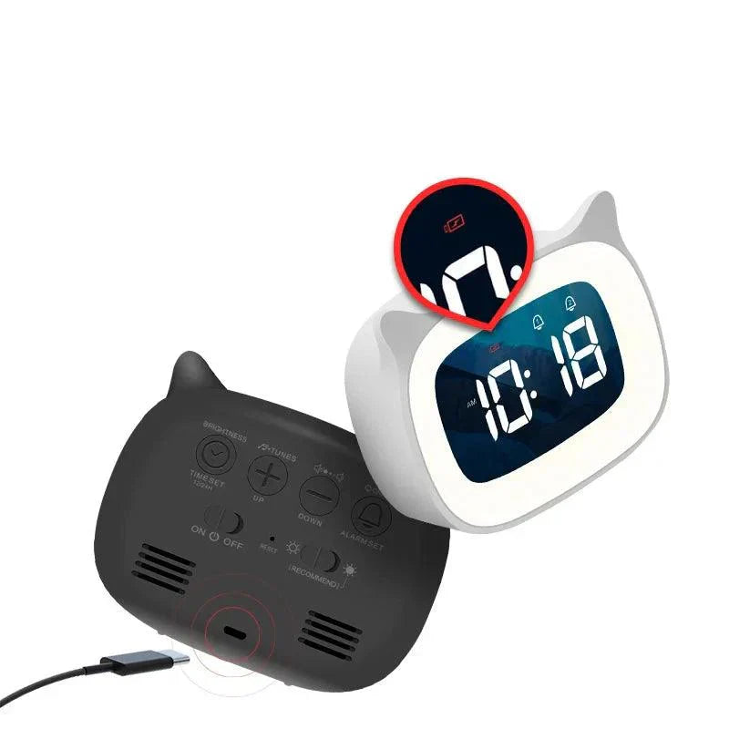 Fitlybuy cat-shaped LED alarm clock in white and black with digital time display and rear control buttons.