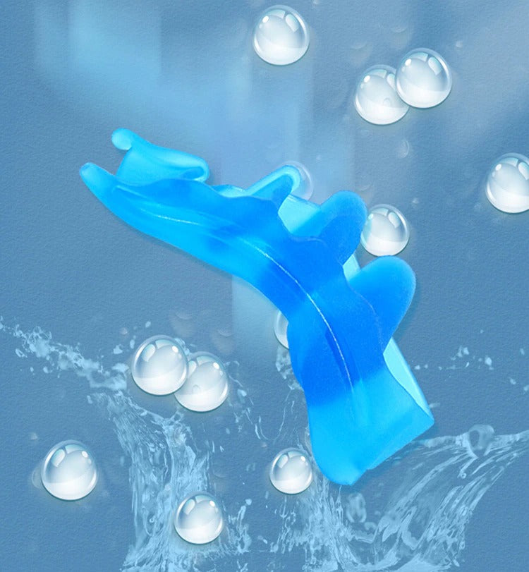 Blue silicone Fitlybuy toe separator with ComfortFlex design against a blue water background with bubbles.