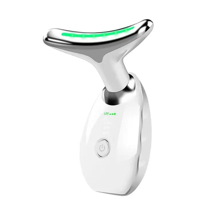 White Fitlybuy EMS neck and face massager featuring a curved silver head with active green light therapy.