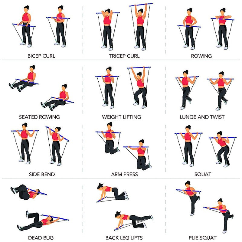 Fitlybuy Pilates Bar exercise chart showing a woman using the blue resistance bar for 12+ full-body fitness workouts.