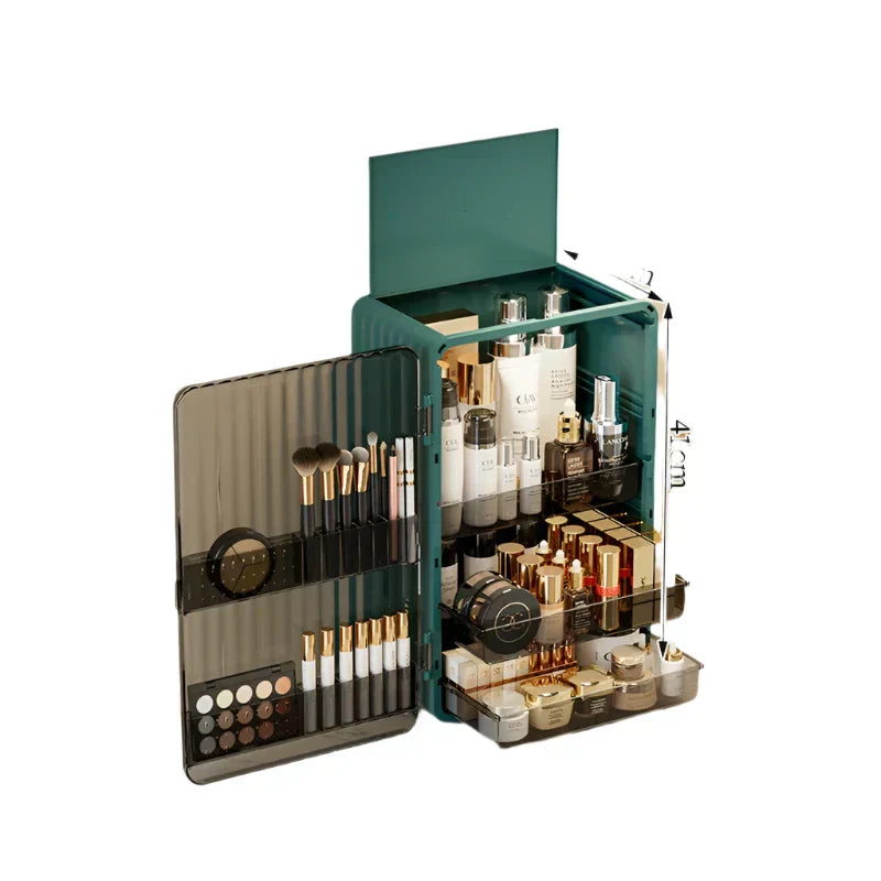 Dark green Fitlybuy Luxo makeup storage box with magnetic door, brush holders, and drawers filled with cosmetics.