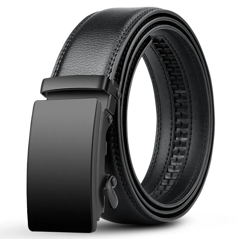 Fitlybuy black PU leather belt with a luxury automatic ratchet buckle, shown in a studio product shot.
