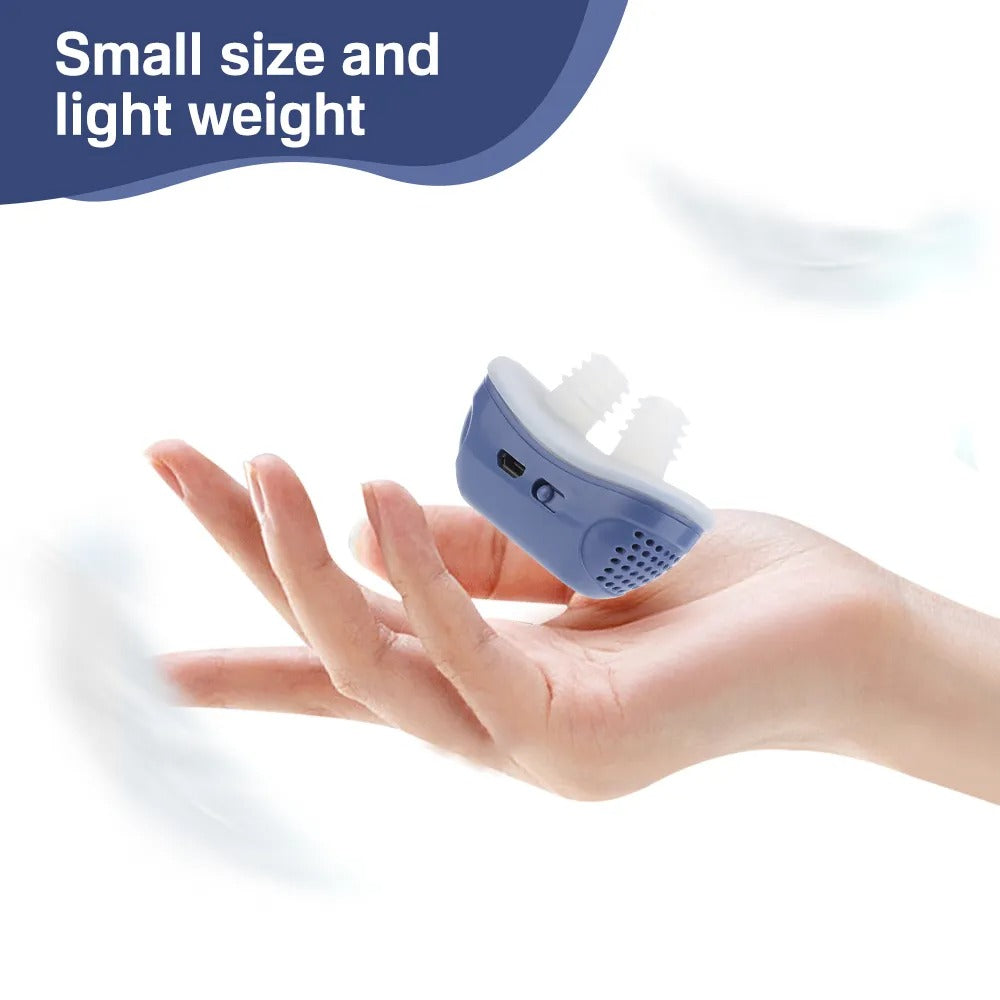 Small blue Fitlybuy nasal dilator with silicone prongs, resting in a hand to show its portable, lightweight size.