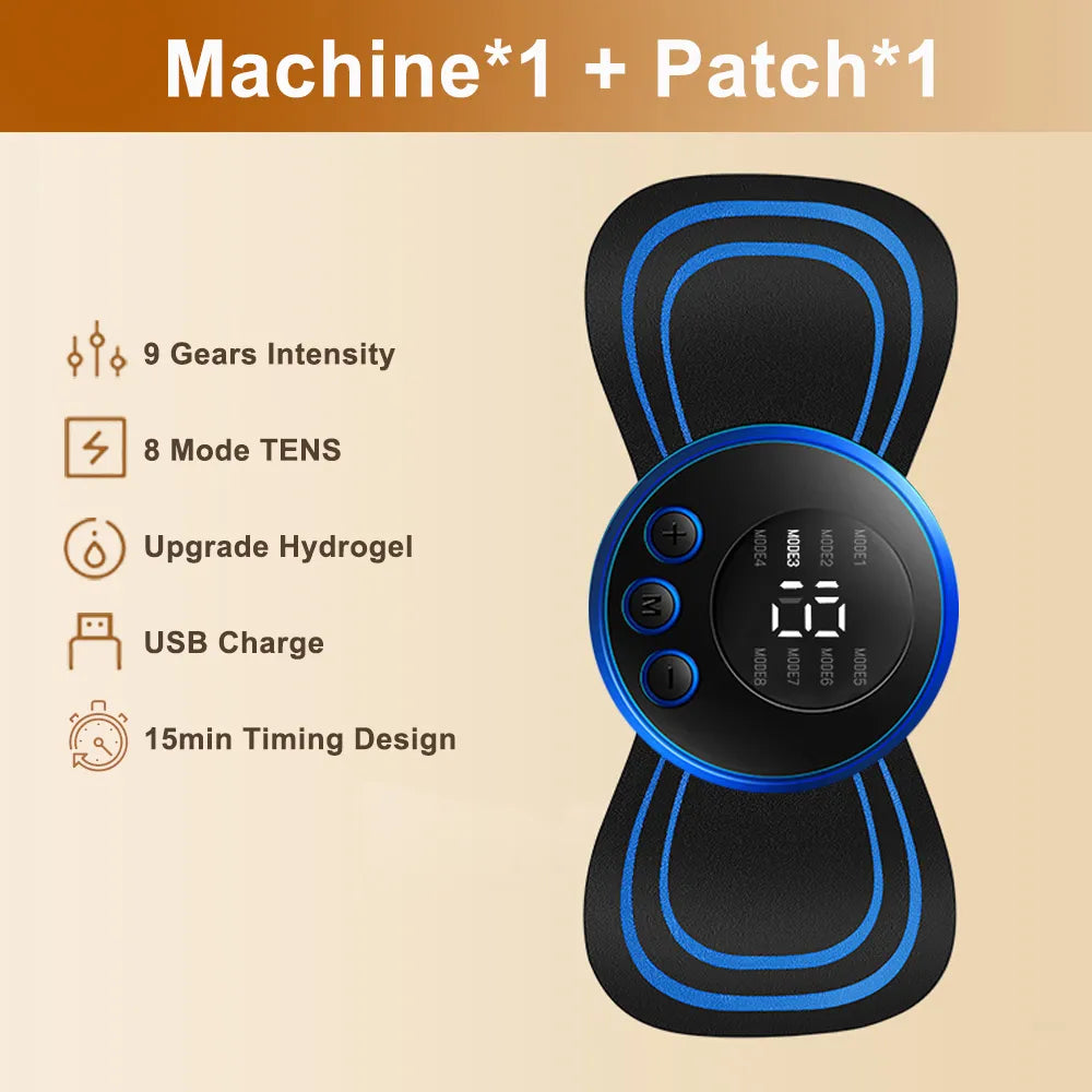 Fitlybuy black and blue EMS pulse neck massager with digital display, 9 intensity levels, 8 TENS modes, and USB charging.