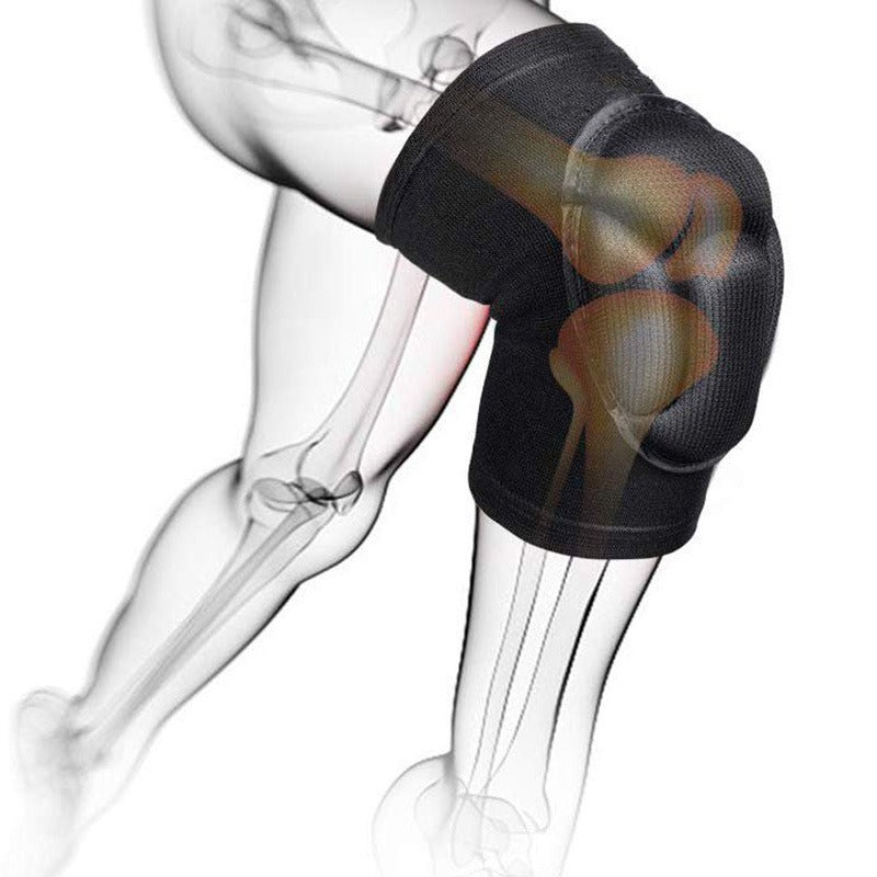 Black Fitlybuy thickened sports knee pad on a digital model leg, highlighting shock-absorbing joint protection.