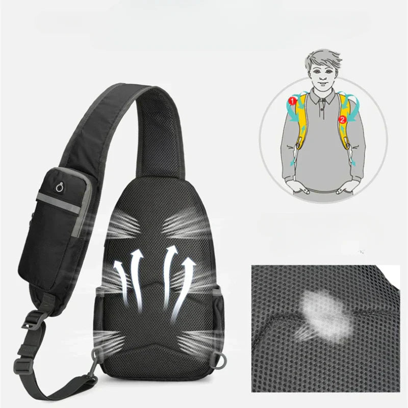 Black Fitlybuy anti-theft shoulder backpack with breathable mesh back and a wearable diagram on a white background.