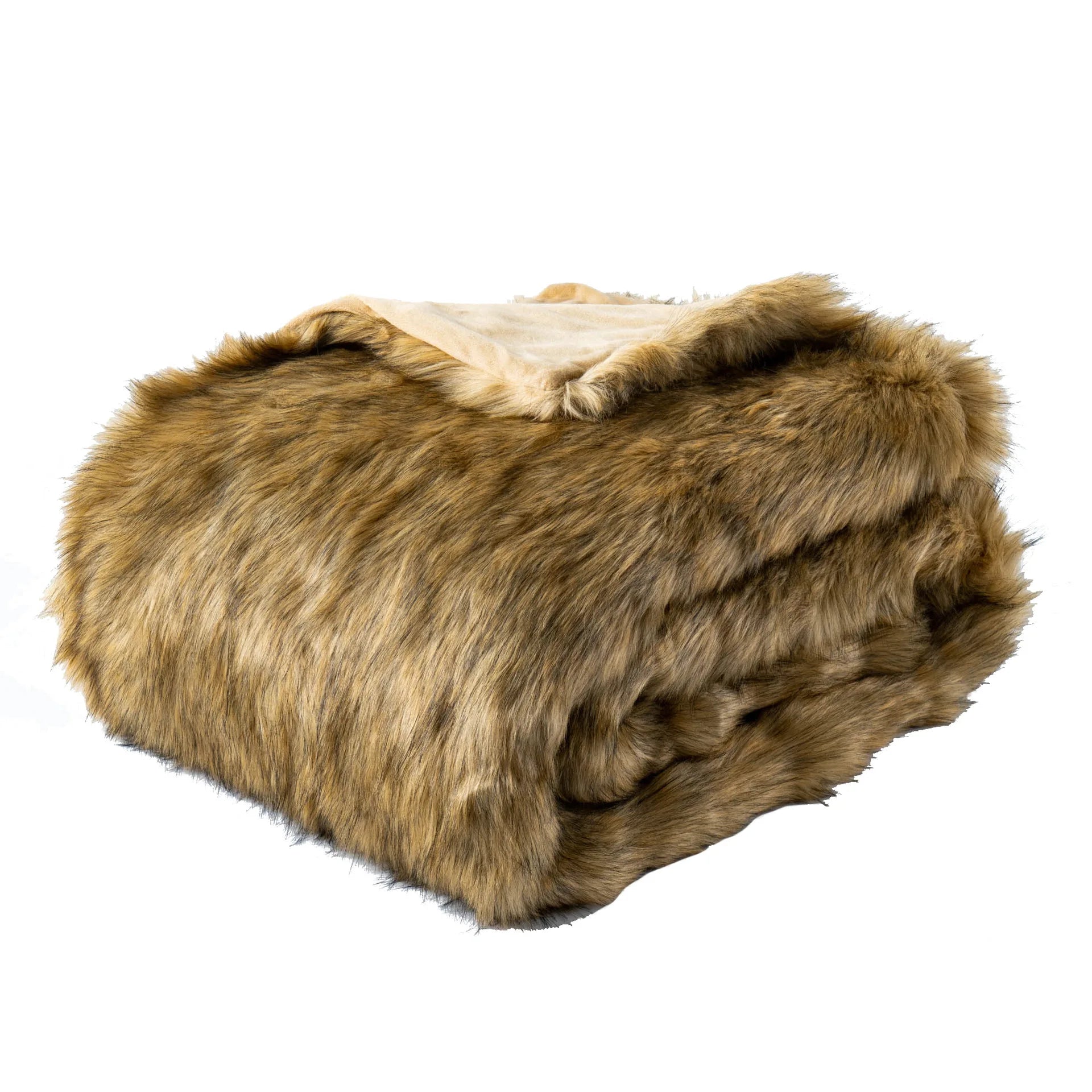 Folded luxury faux fox fur throw blanket in brown, featuring an ultra-soft beige lining against a plain white background.