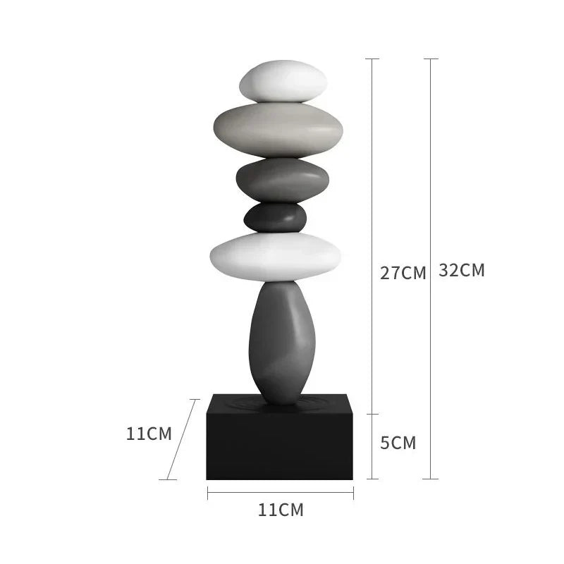 Fitlybuy Balanture Zen sculpture with stacked gray stones on a black base, showing dimensions 32cm tall by 11cm wide.
