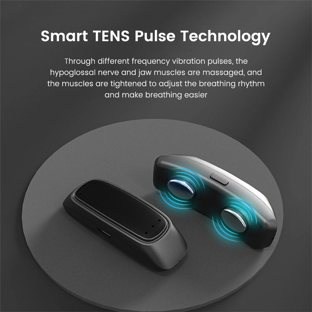 Fitlybuy black anti-snoring device with TENS pulse technology for jaw muscle relaxation and improved breathing.