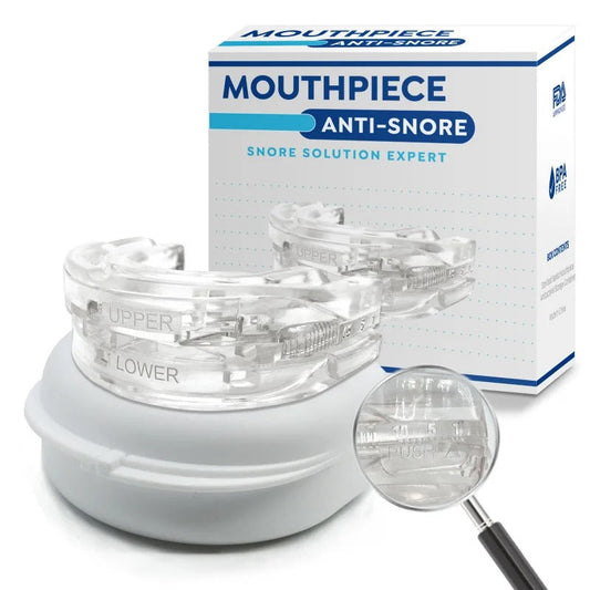 Clear, adjustable anti-snoring mouth guard with labeled upper and lower sections, shown with storage case and box.