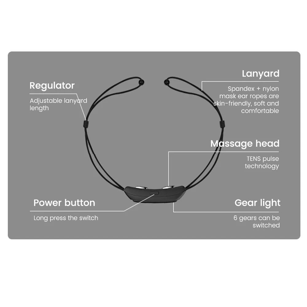 Fitlybuy smart anti-snoring device featuring TENS massage heads, adjustable lanyard, and 6-gear power settings.