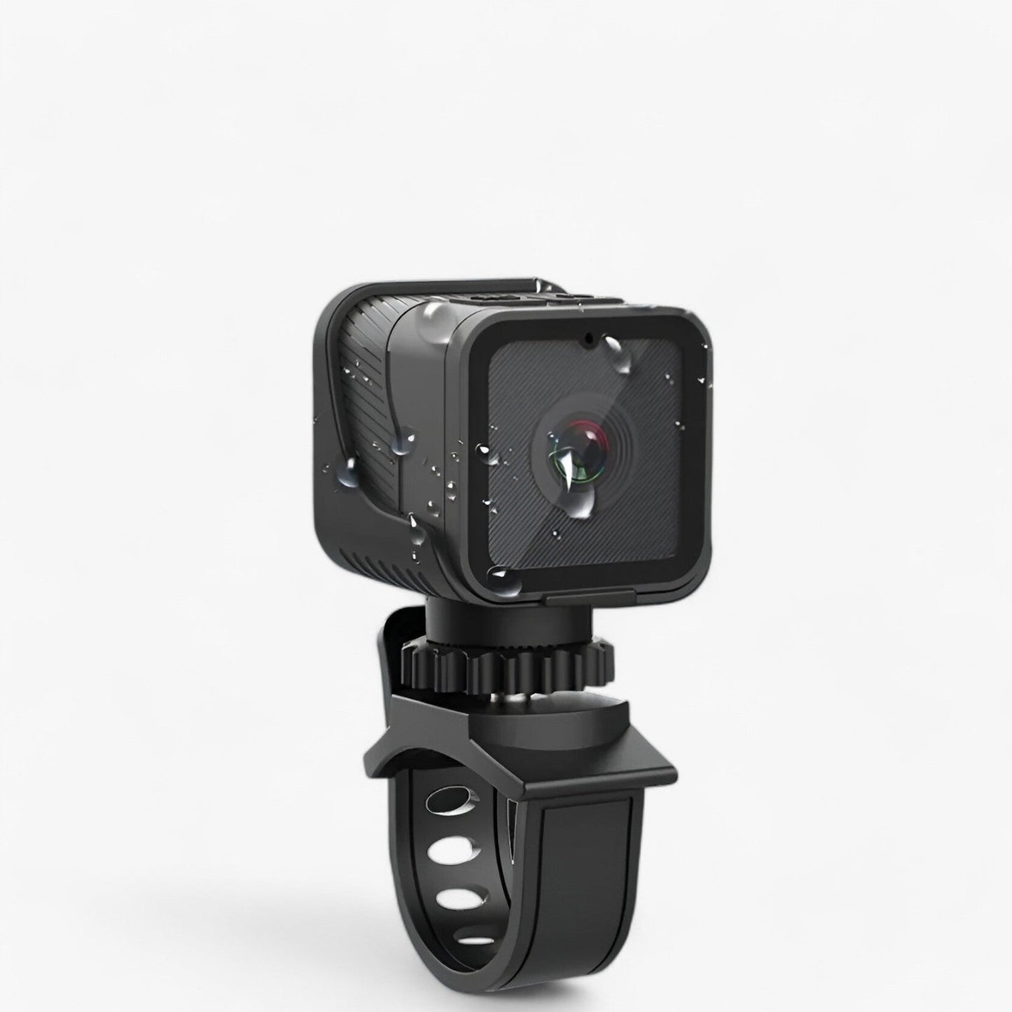 Compact black Fitlybuy RevCam 1080P waterproof action camera with water droplets, mounted on a bike handlebar clip.