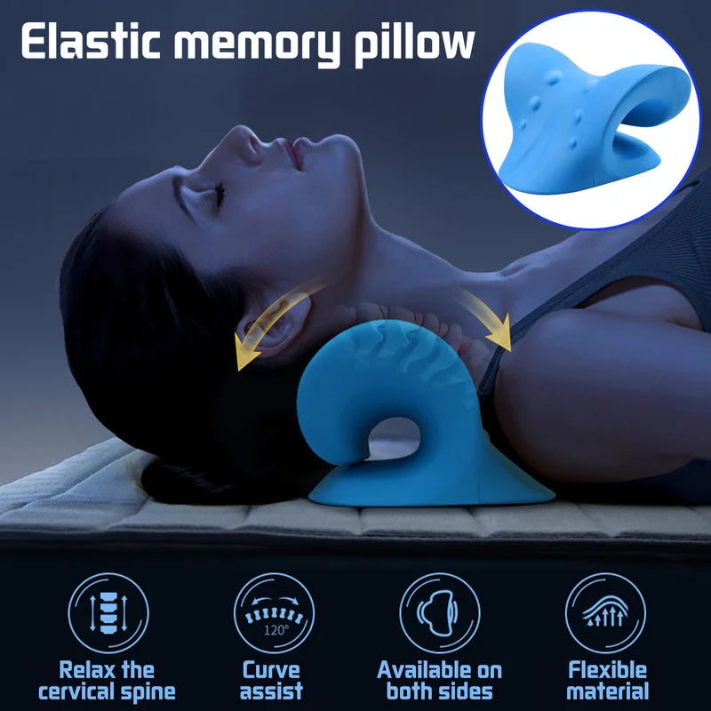 Blue Fitlybuy ergonomic cervical spine stretch pillow supporting a person's neck while lying on a bed.