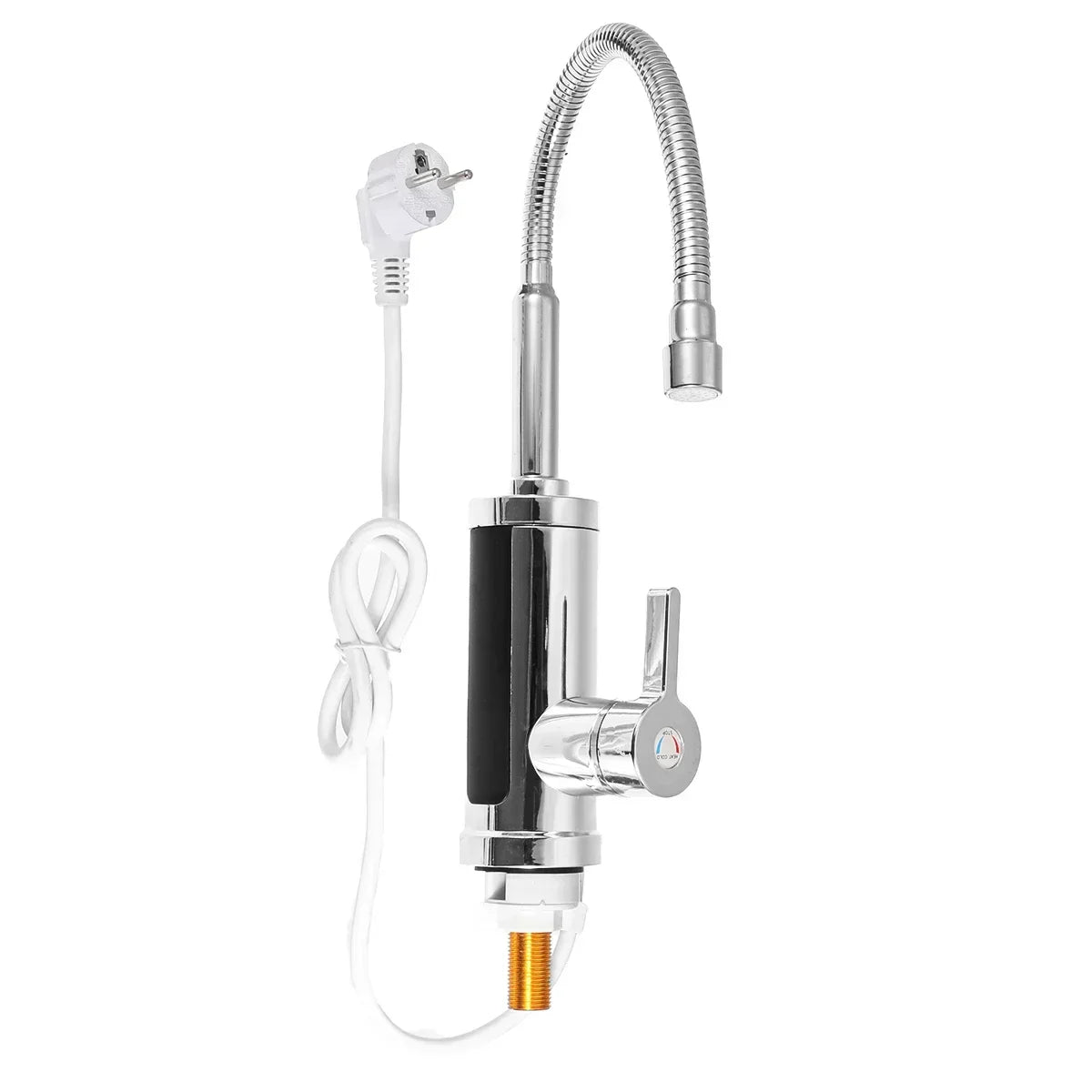 Chrome kitchen tap with flexible spout, SmartTemp display, and white electric plug on a white background.