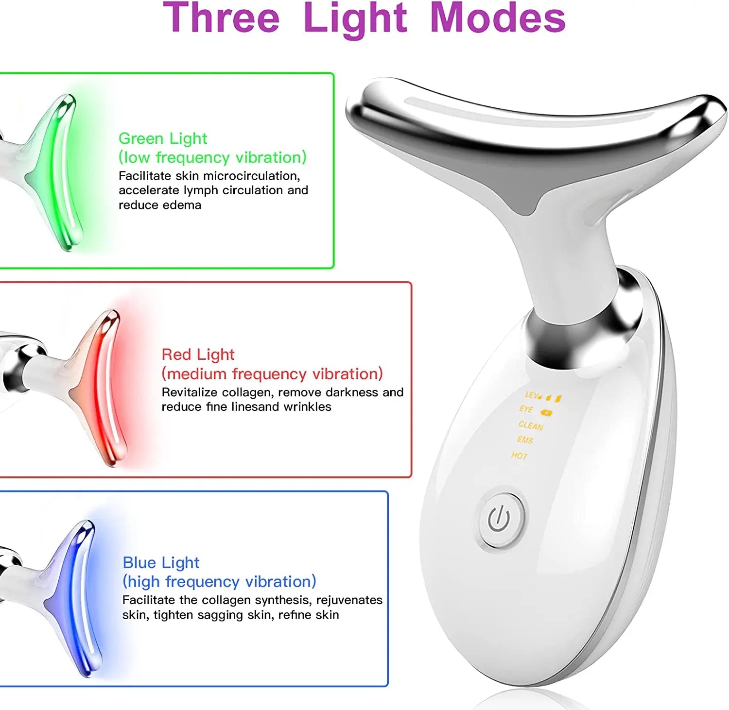 Fitlybuy EMS face and neck massager in white with silver head, featuring green, red, and blue light therapy modes.