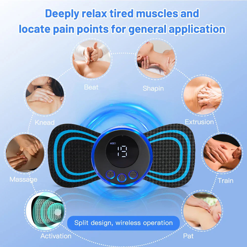 Fitlybuy black and blue EMS pulse neck massager with a digital display, surrounded by icons showing various massage modes.