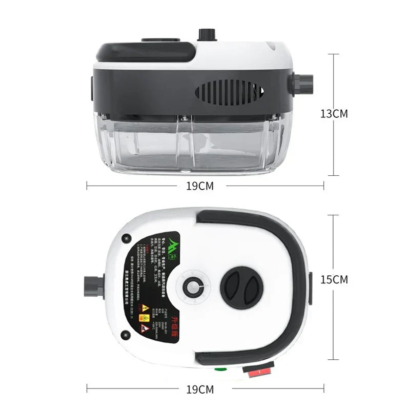 Fitlybuy SteamVolt 2500W steam cleaner: compact white/grey design with dimensions and top-view technical labels.