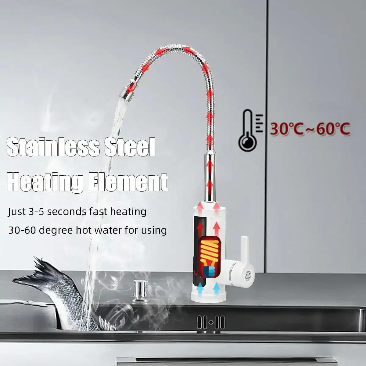 Fitlybuy FlowHeat white kitchen tap with flexible steel neck, digital temperature display, and 3000W heating element.