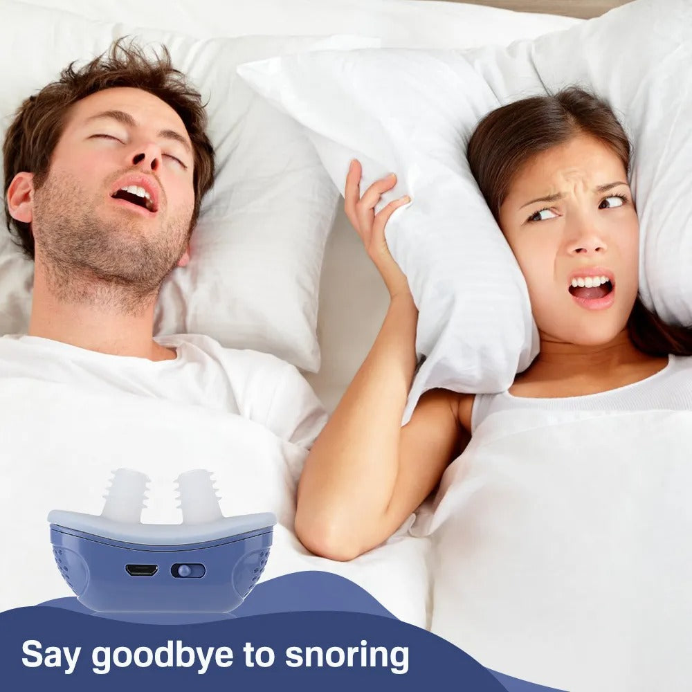Fitlybuy blue silicone nasal dilator with ComfortFit design displayed over a couple struggling with snoring in bed.
