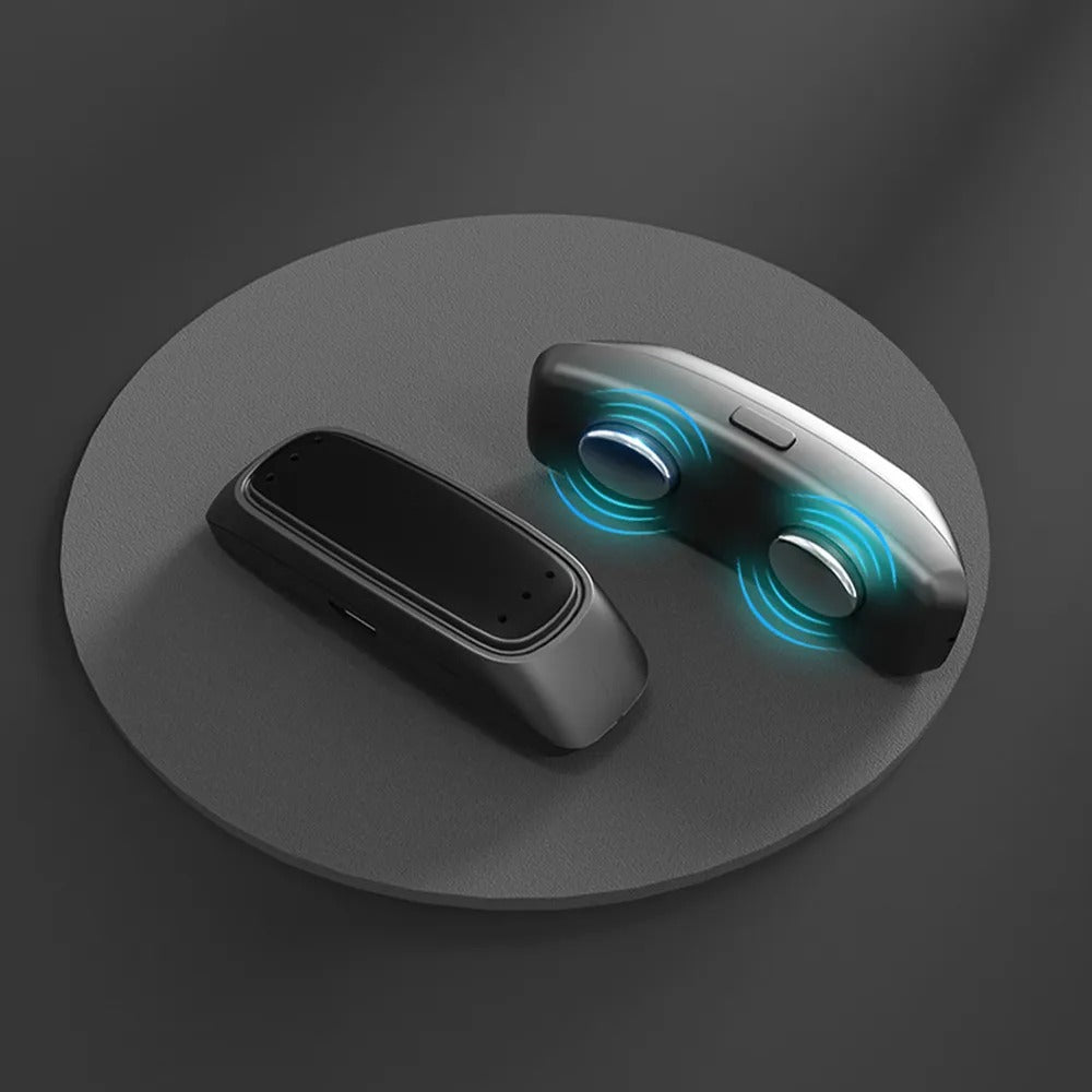 Fitlybuy anti-snoring device: two sleek, black ergonomic units with glowing blue pulse indicators on a grey surface.
