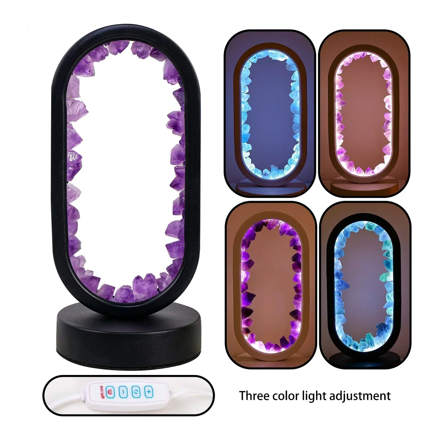 Fitlybuy Amethyst Serenity Lamp: Oval black frame with natural purple crystals and adjustable color light settings.