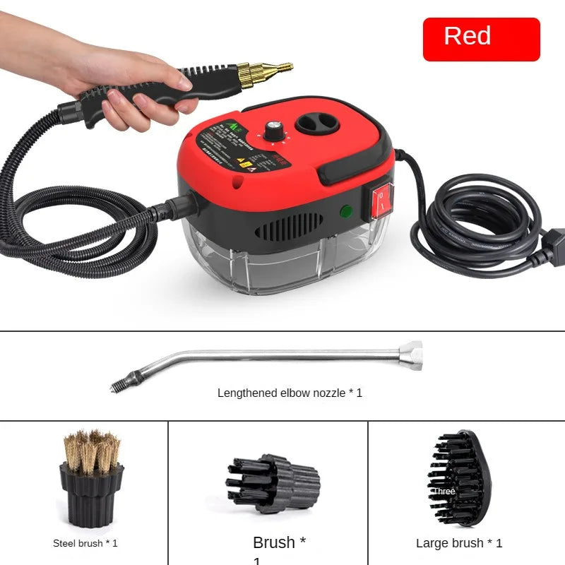 Fitlybuy SteamVolt red 2500W steam cleaner with hose, nozzle, and three cleaning brushes on a white background.