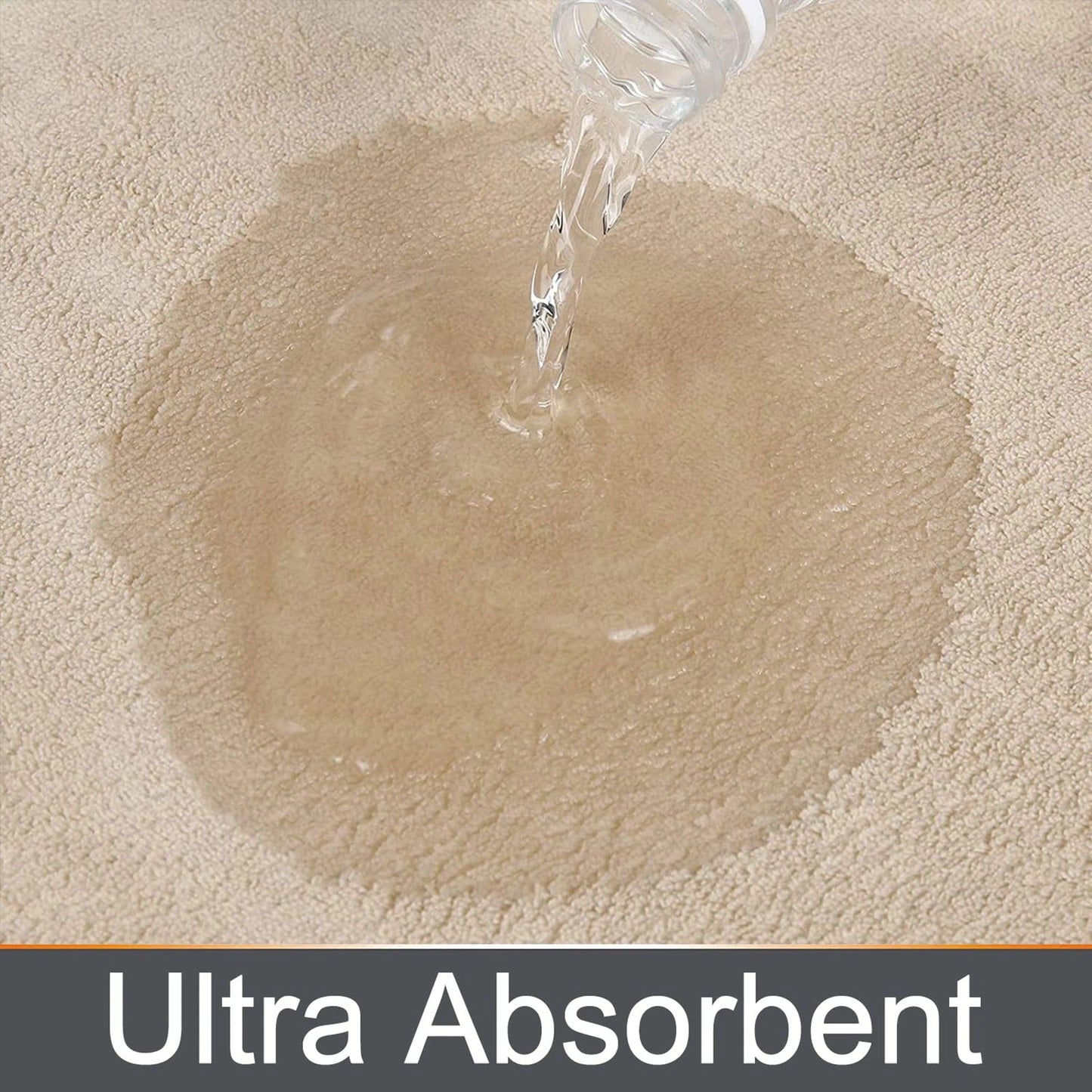 Fitlybuy beige memory foam bath mat demonstrating UltraAbsorb technology as water is poured onto its textured surface.
