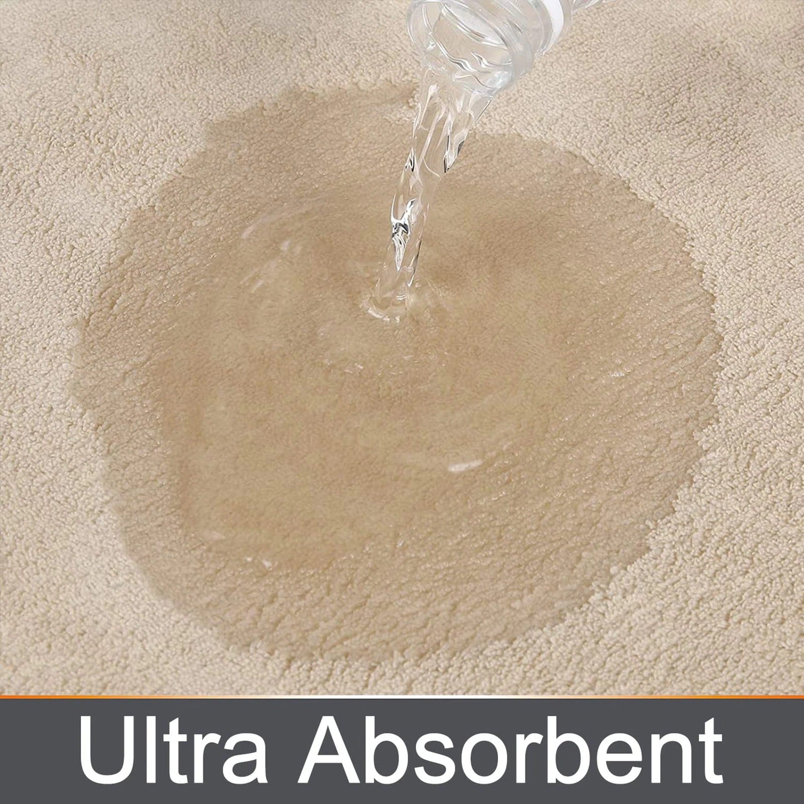 Fitlybuy beige memory foam bath mat demonstrating UltraAbsorb technology as water is poured onto its textured surface.