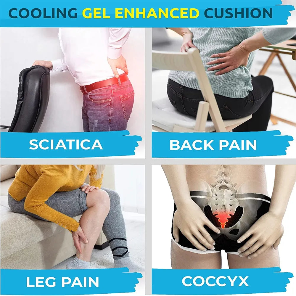 Fitlybuy cooling gel seat cushion shown relieving sciatica, back, leg, and coccyx pain in a four-panel clinical montage.