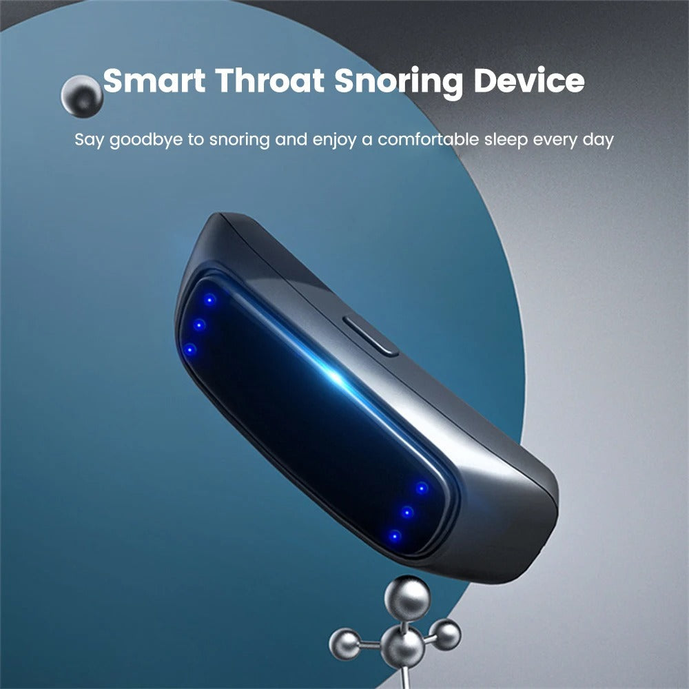 Fitlybuy electric anti-snoring device: sleek gray throat-worn unit with glowing blue LED status lights.