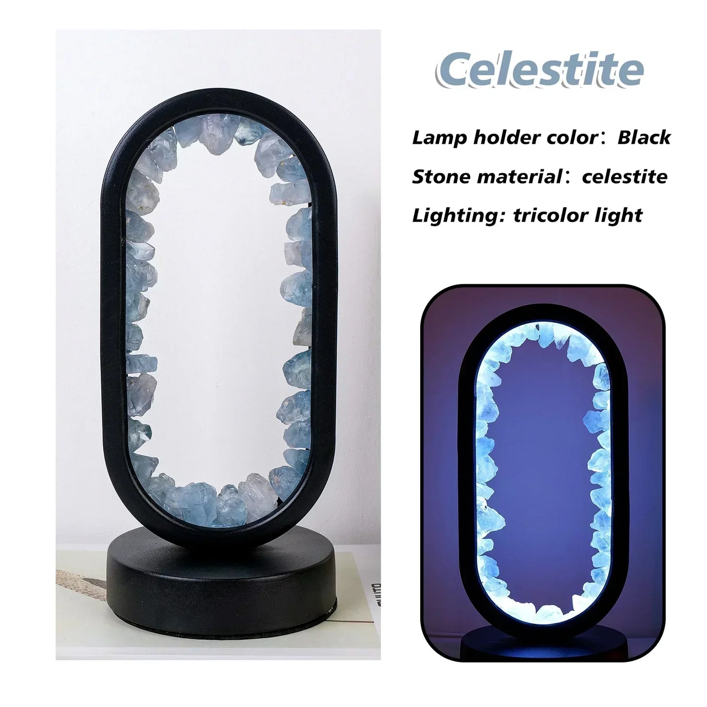 Oval black lamp filled with raw blue celestite crystals, shown unlit and with glowing tricolor light feature.