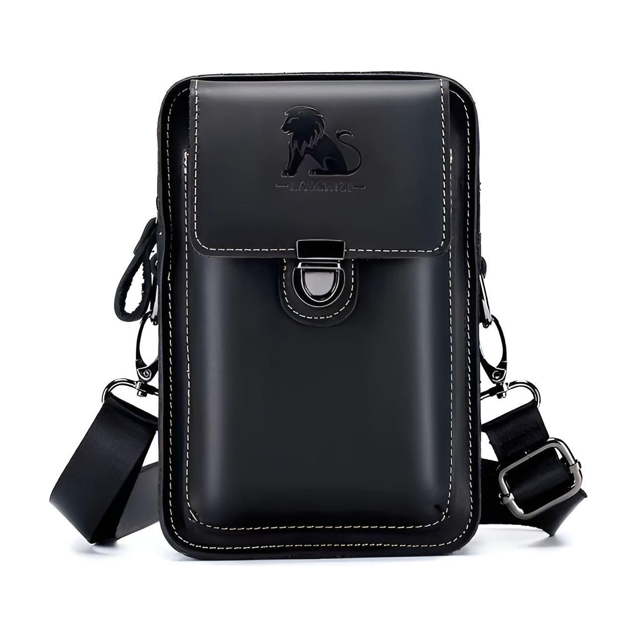 Black leather Fitlybuy Vidal waist bag with a lion logo, front latch closure, and an adjustable shoulder strap.