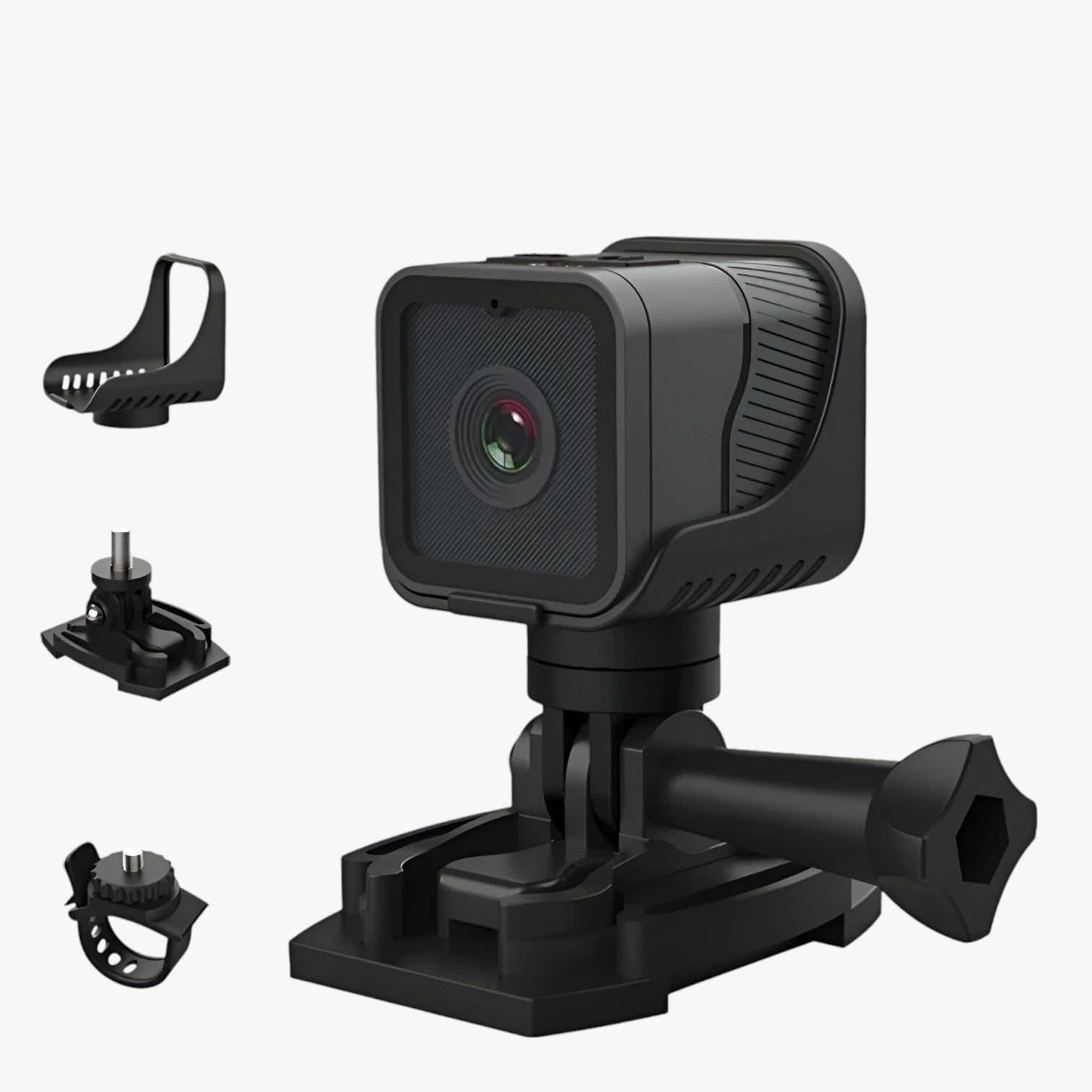 Fitlybuy RevCam 1080P HD black waterproof action camera with mounting accessories on a white background.