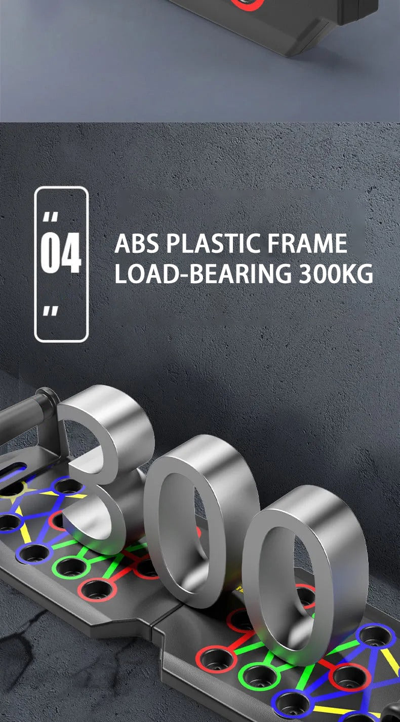 Fitlybuy folding push-up board with colorful slots, showing a 300kg load-bearing capacity on an ABS plastic frame.