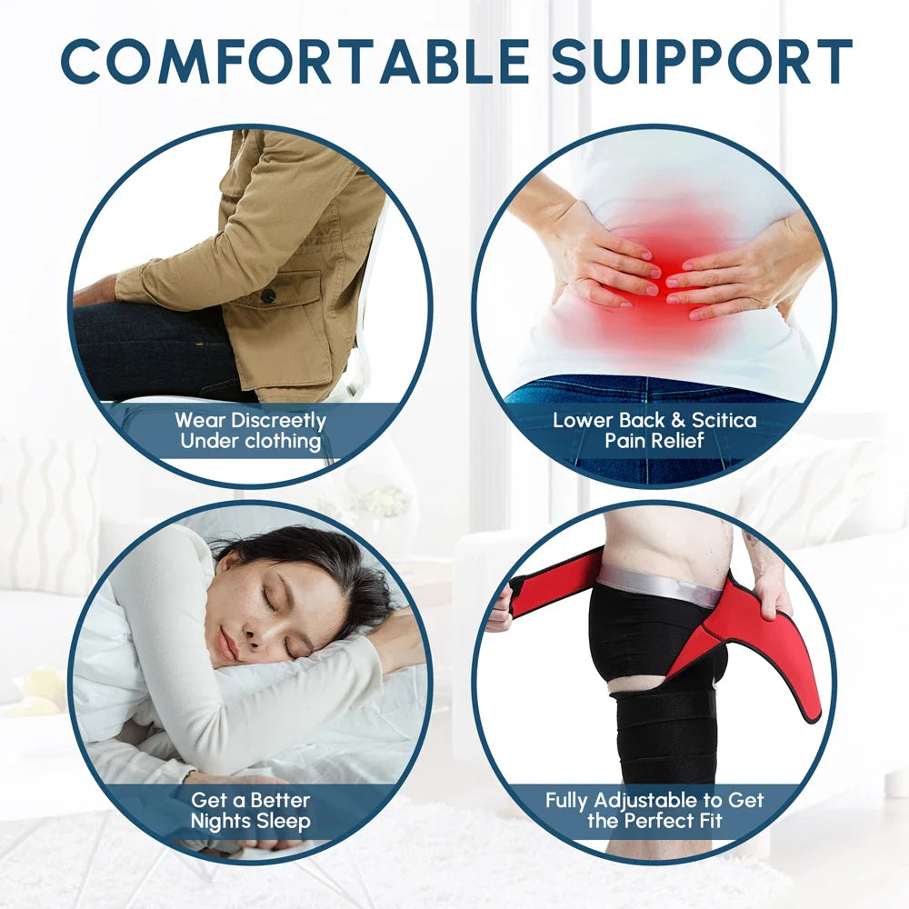 Fitlybuy hip and thigh compression sleeve with SupportFlex technology shown in use for pain relief, sleep, and comfort.
