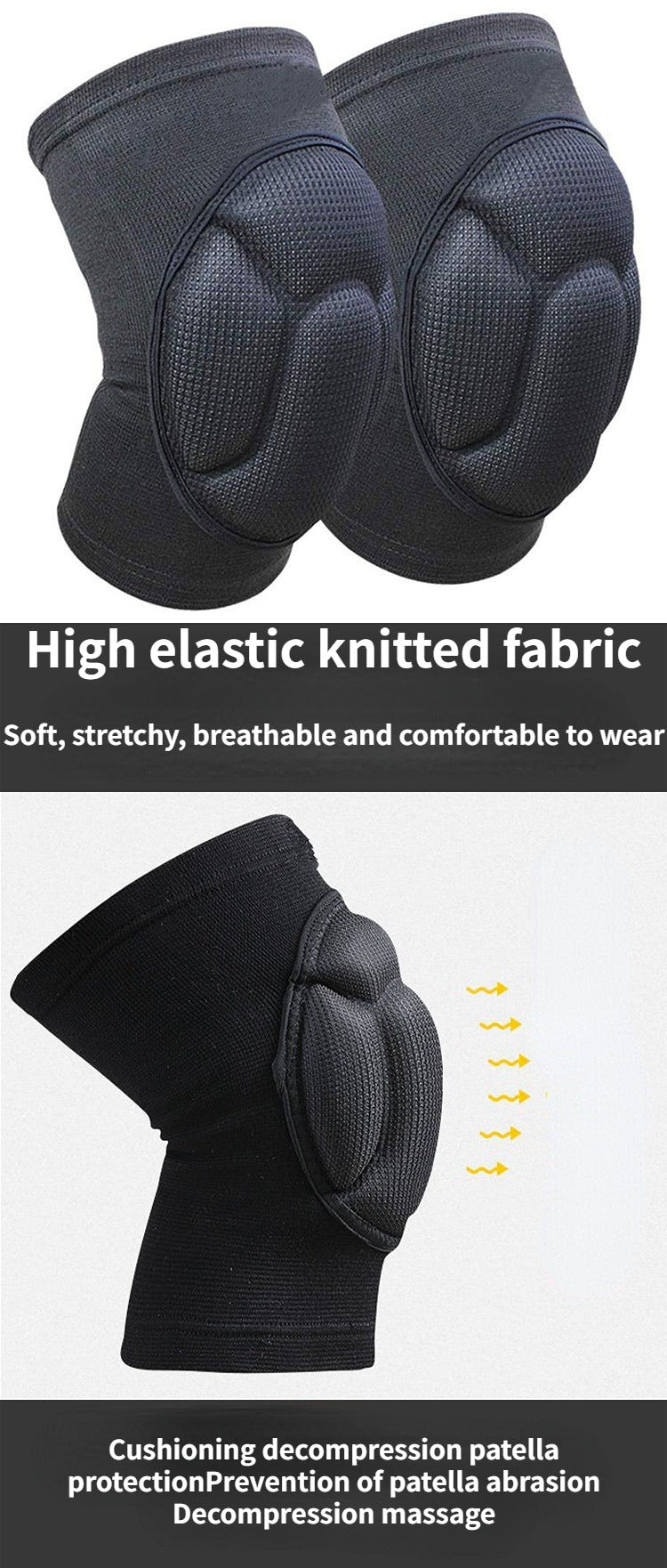 Fitlybuy black thickened sports knee pads with elastic knit fabric and shock-absorbing patella cushioning.