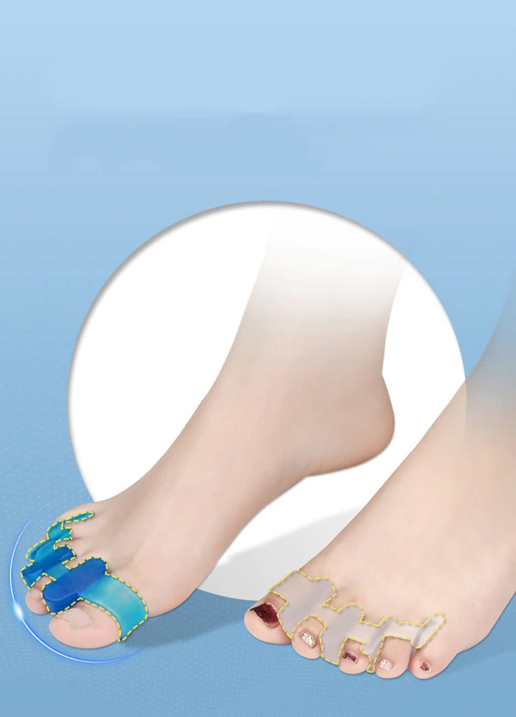 Fitlybuy blue and clear silicone toe separators shown on feet to demonstrate ComfortFlex alignment technology.