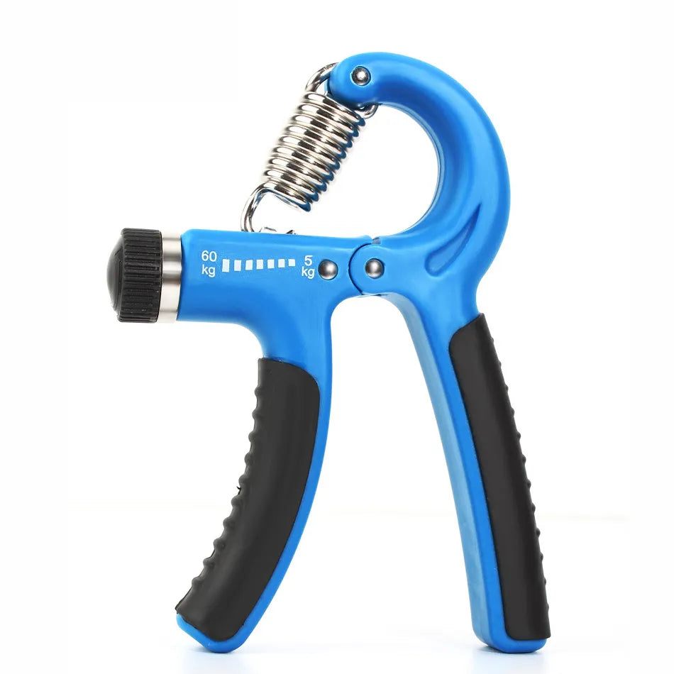 Blue Fitlybuy adjustable hand gripper with black ergonomic grips and a metallic tension spring, isolated on white.