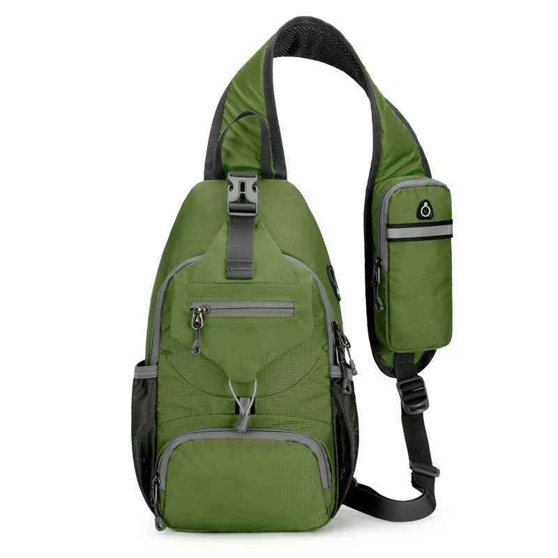 Olive green anti-theft sling backpack with multiple pockets, zippered compartments, and an integrated shoulder pouch.